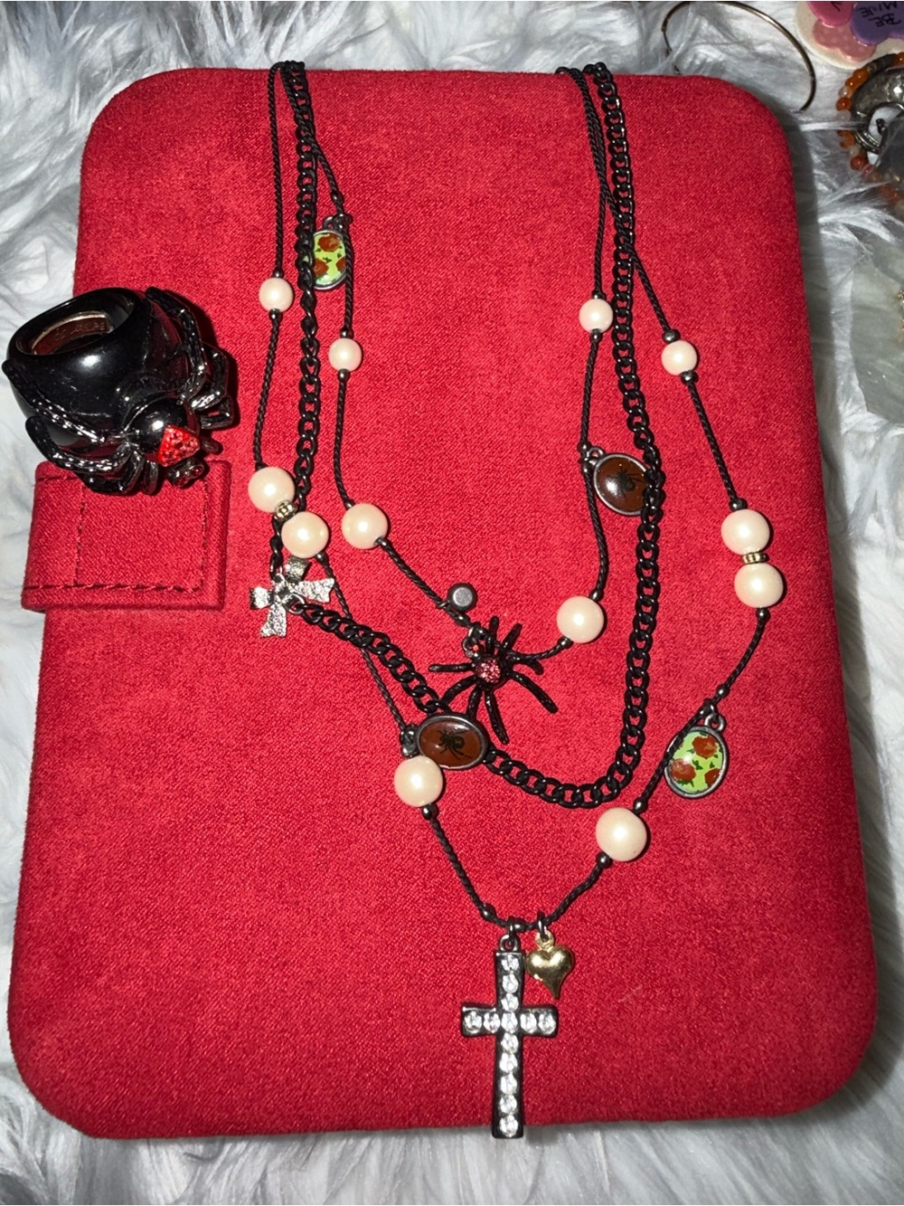 Betsey Johnson Black Multi-Strand Pearl Necklace with Cross and Spider Charm - Picture 2 of 5